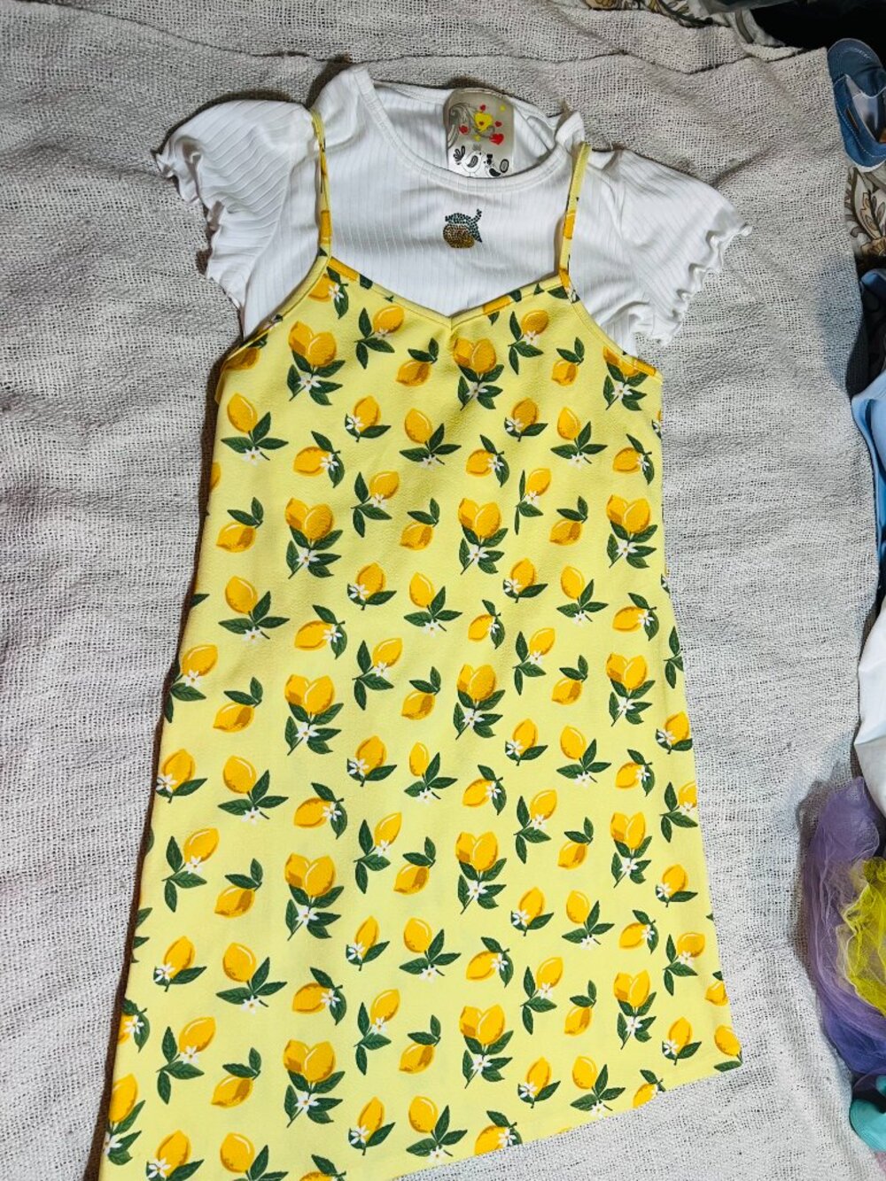 This is a Jenna & Jessie Girls' 2-Piece Lemon Print Slip Dress and Tee Set